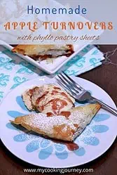 Apple turnovers with ice cream on top and overlaying text.