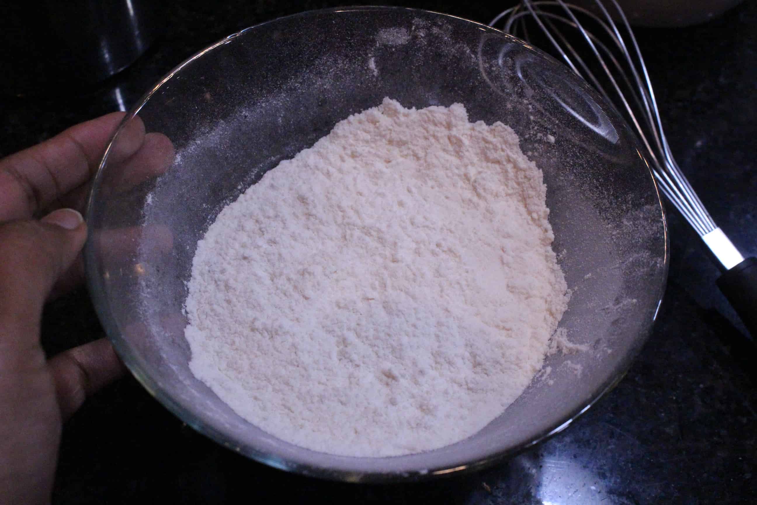 Flour, Salt, Baking soda in a bowl.