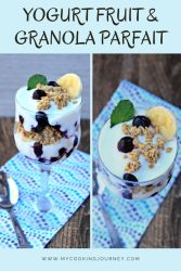 Side view and top view of yogurt and blueberry parfait with text.