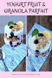 Two images of yogurt parfait with text