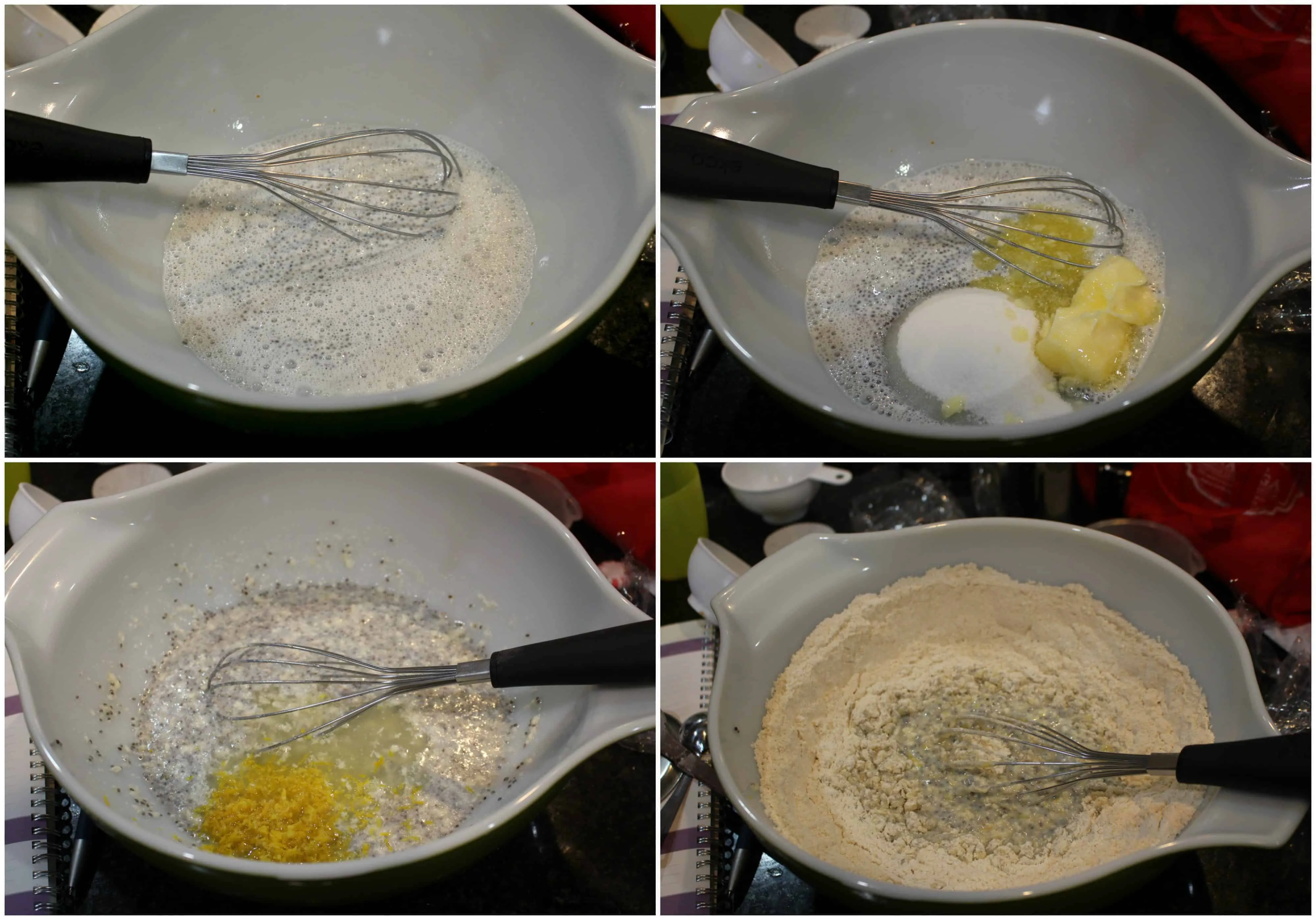 Process shots showing how to make muffin batter. 