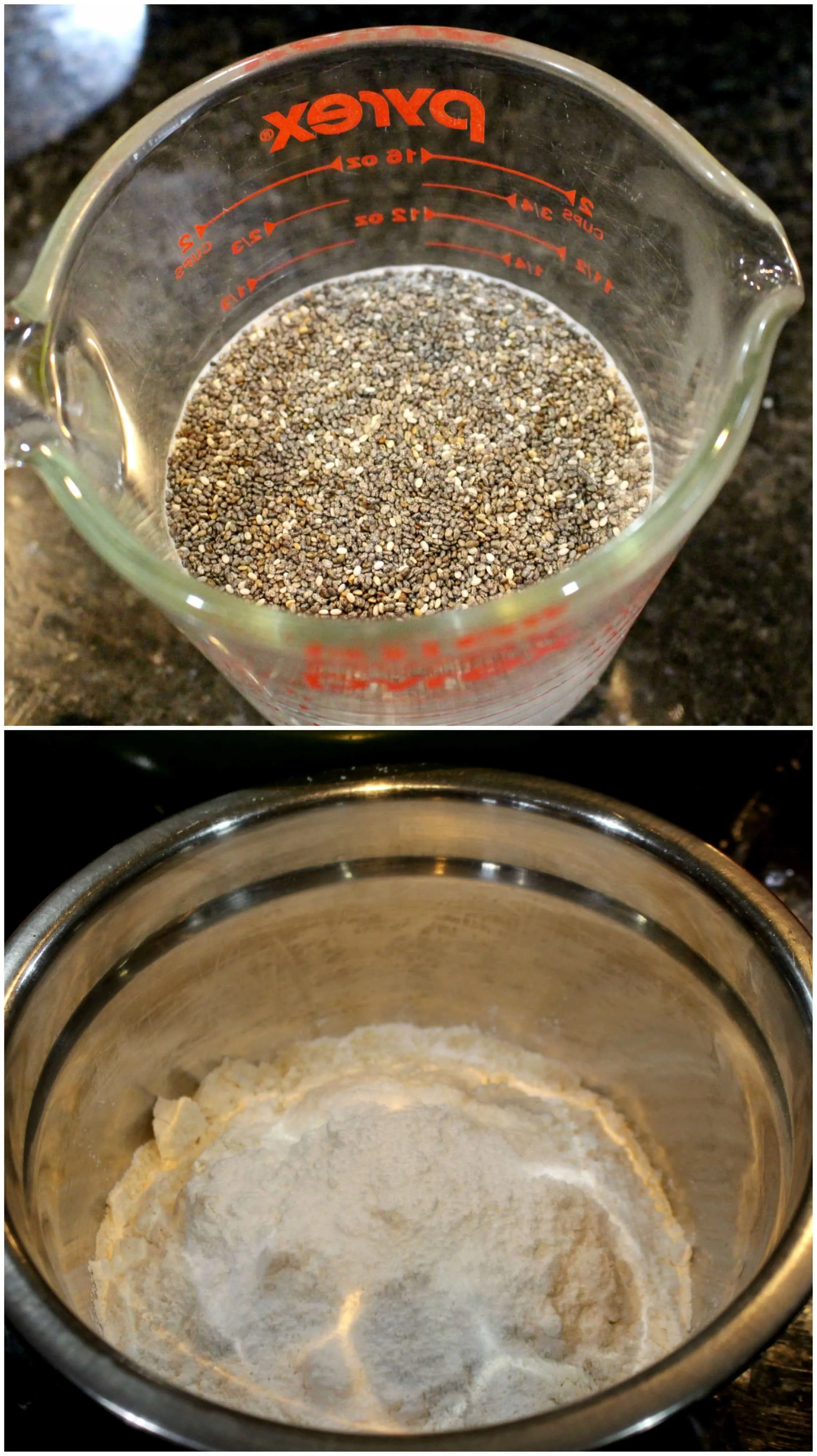 soaking chia seeds in milk and mixing and sifting the flours.