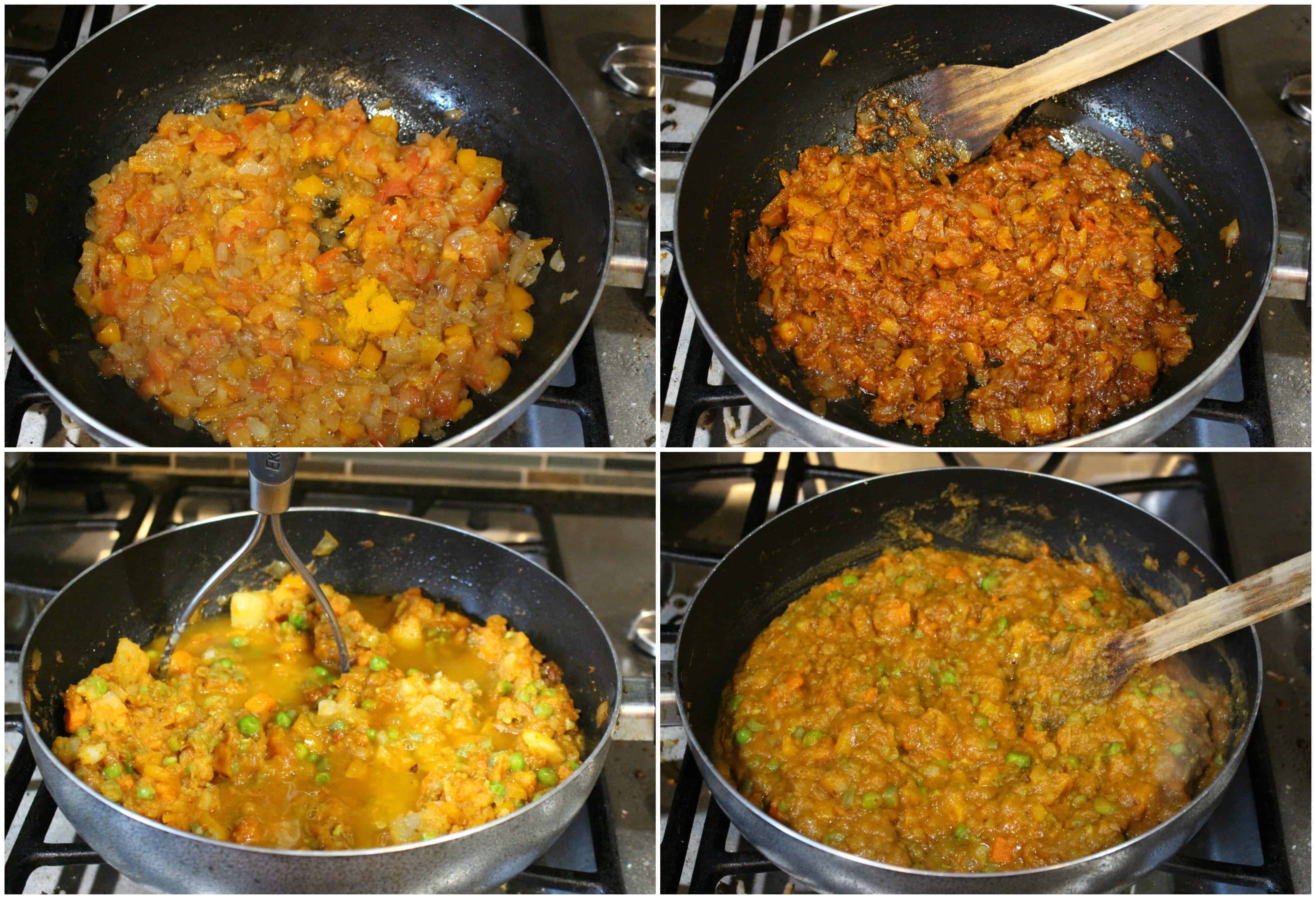 Mixing Bhaji and cooking with spices.
