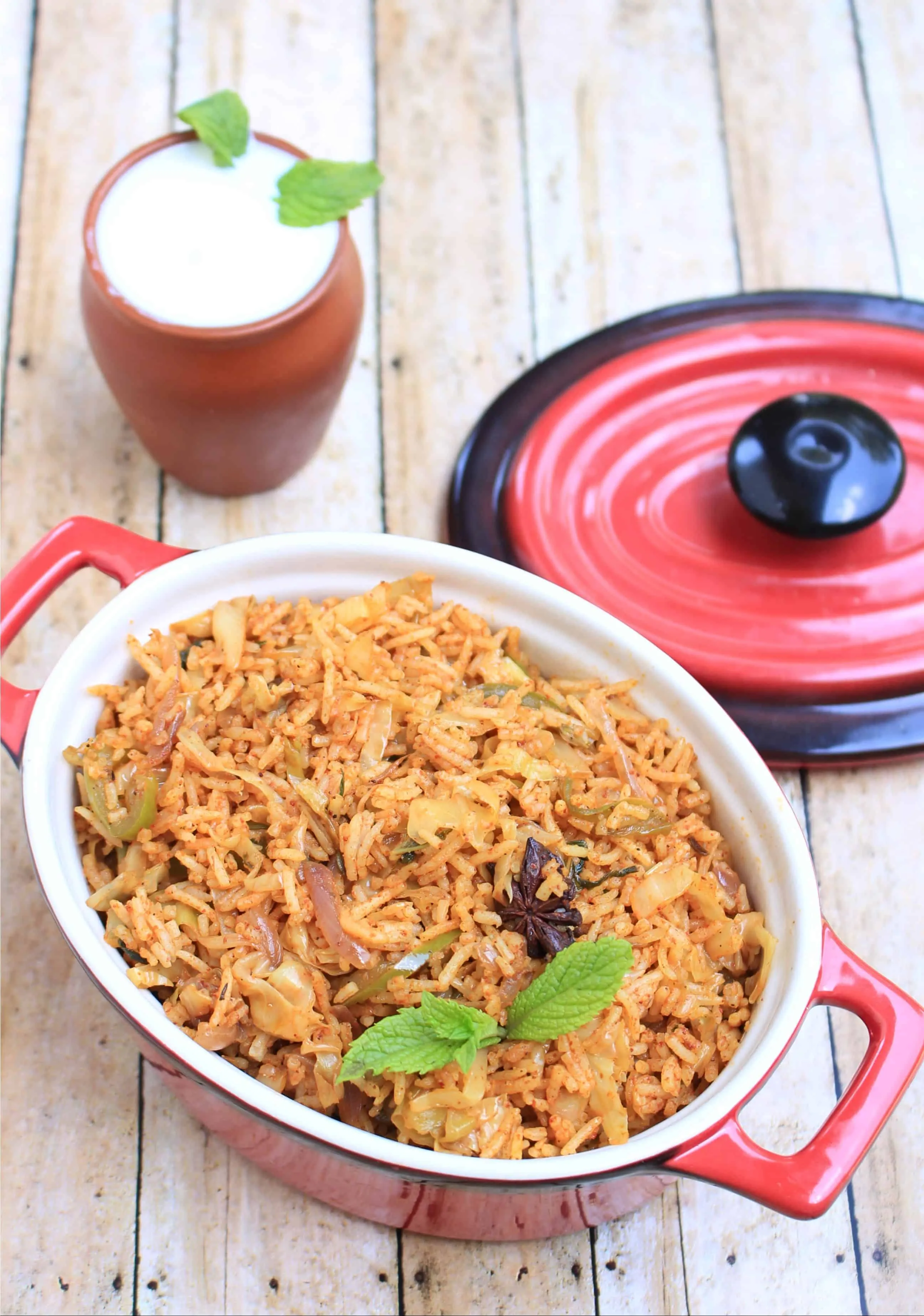 Spiced Cabbage Rice with a side of raita