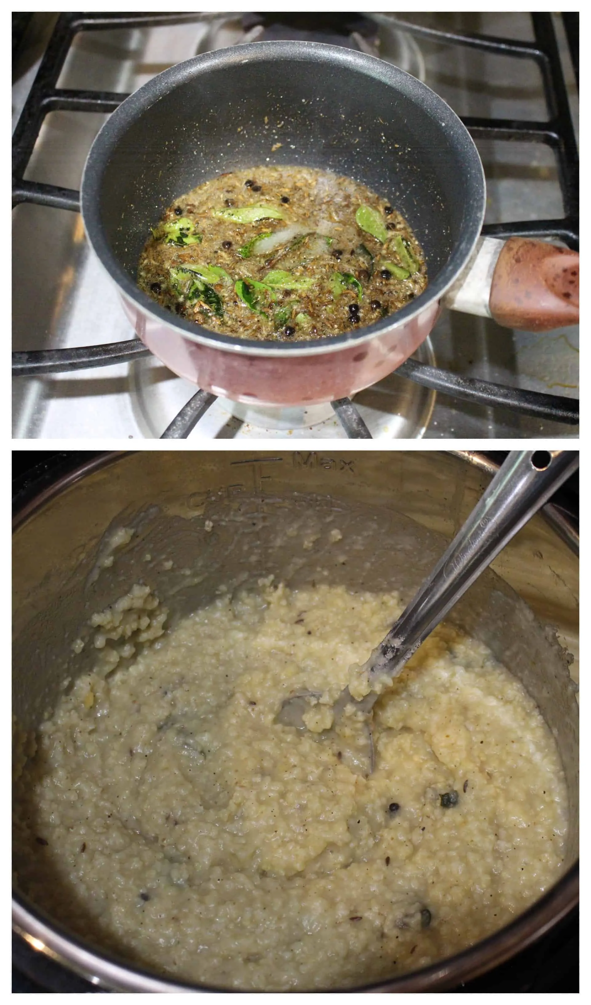 Adding Seasoning to cooked Pongal