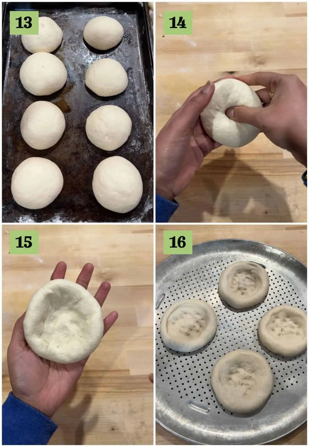 Process shot showing how to shape Bialy. 