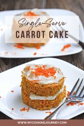 single carrot cake with fork and text overlay.