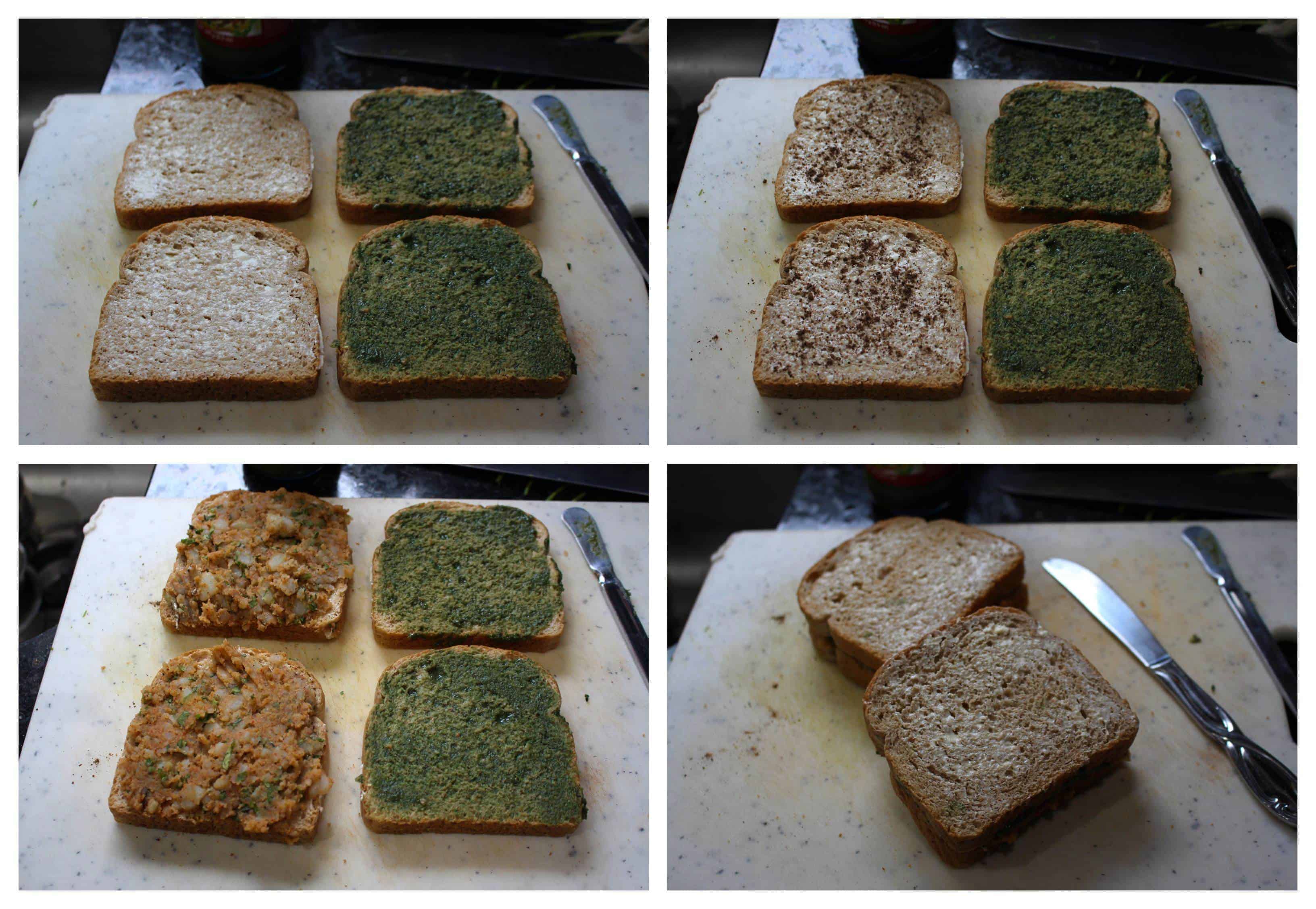 Applying butter and green chutney and potato on bread.