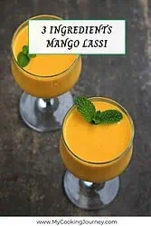 Two glasses of mango lassi with mint garnish and text overlay.