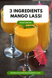 Glasses of mango lassi with text overlay.