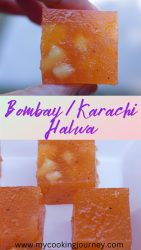 Two pictures of Bombay halwa with text in the middle.