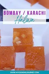 Orange color Karachi halwa in a white plate with text.