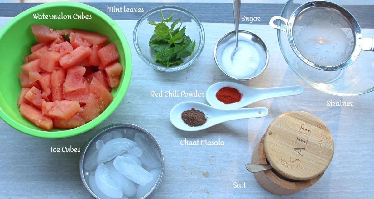 Ingredients needed to make spicy watermelon juice.