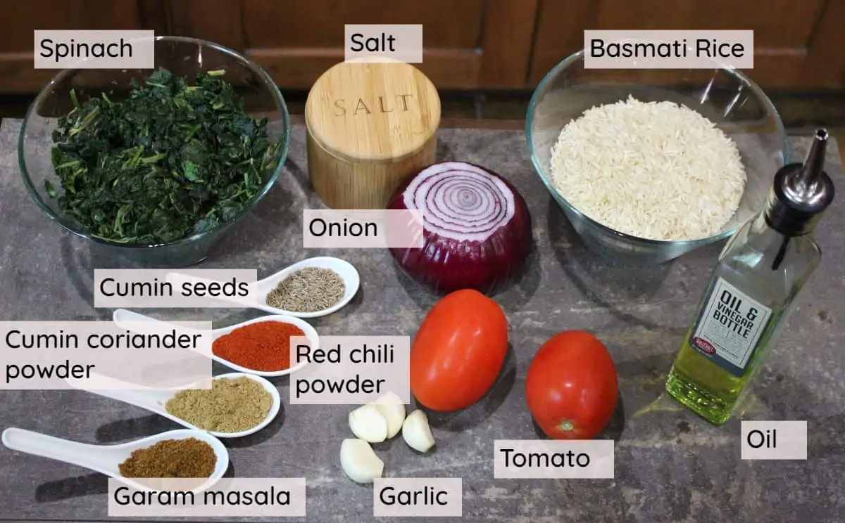 Ingredients needed to make spinach rice