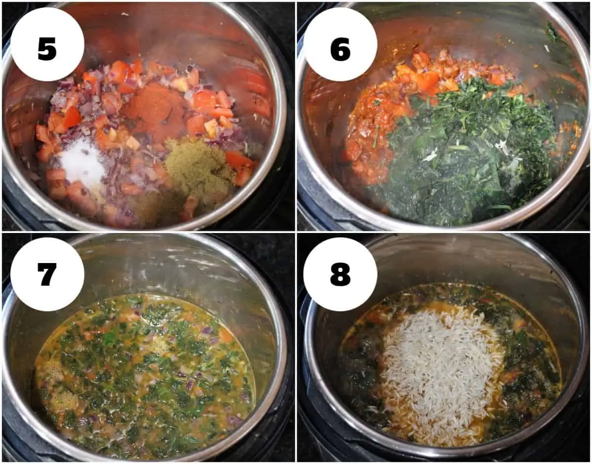 Process shot to cook spinach and rice in instant pot