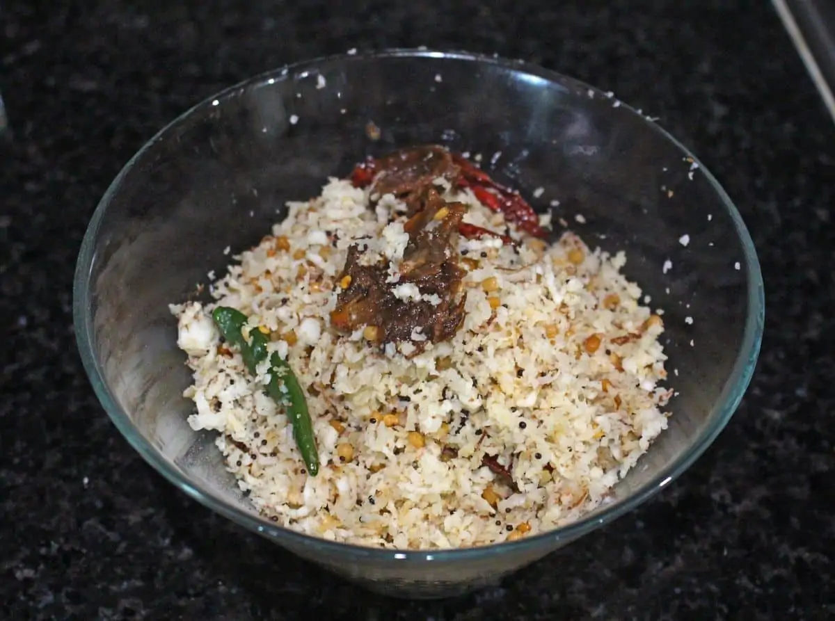 fried coconut and seasoning in a bowl