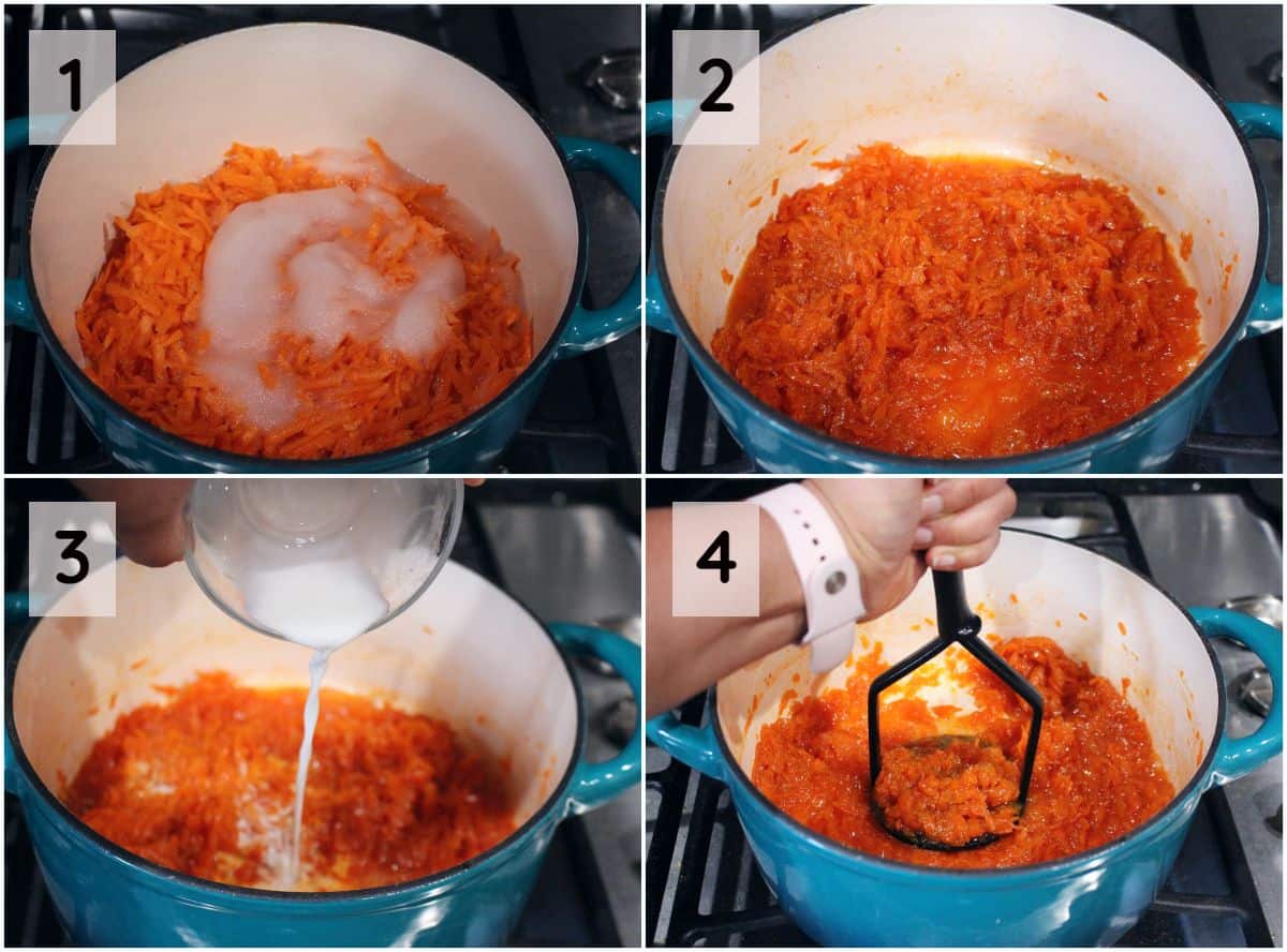 cooking the carrot and sugar in a dutch oven and mashing the carrots. 