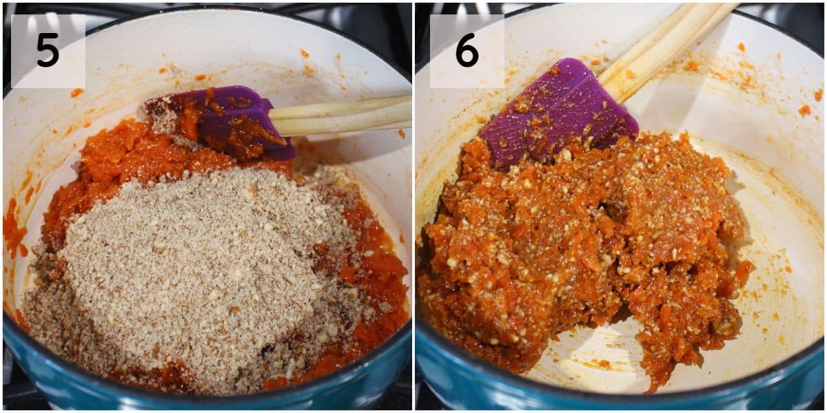 adding nuts to the carrot mixture and mixing it. 