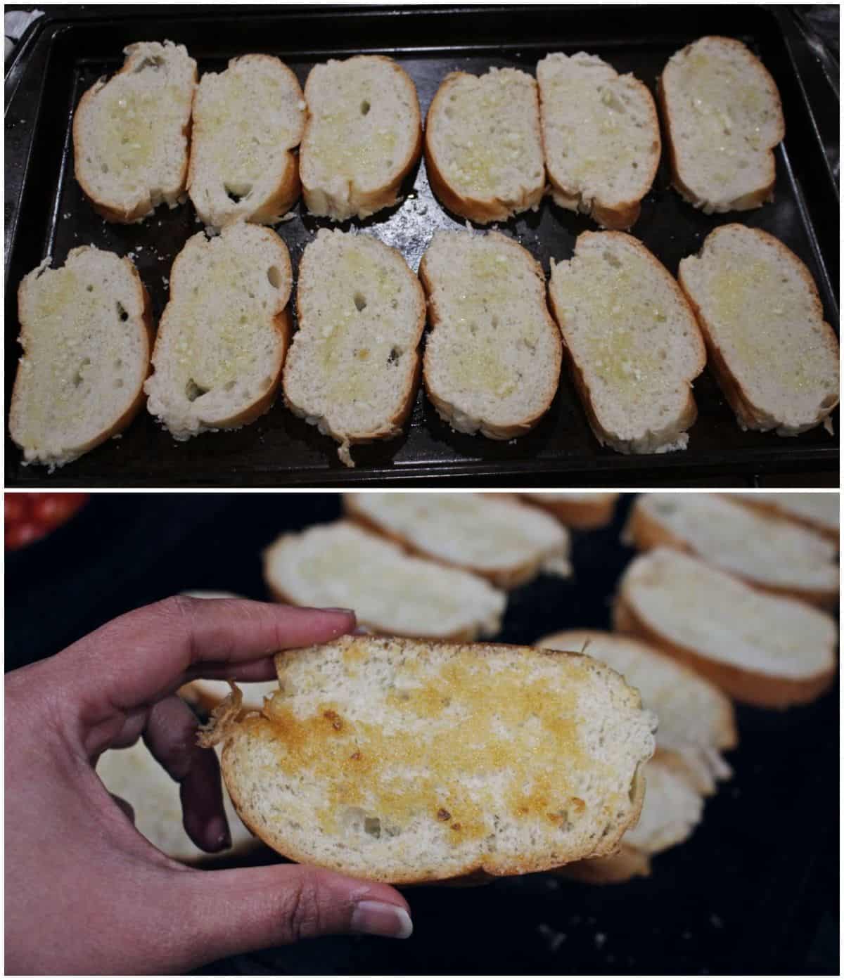 arranged bread slices in a tray and baked until golden brown