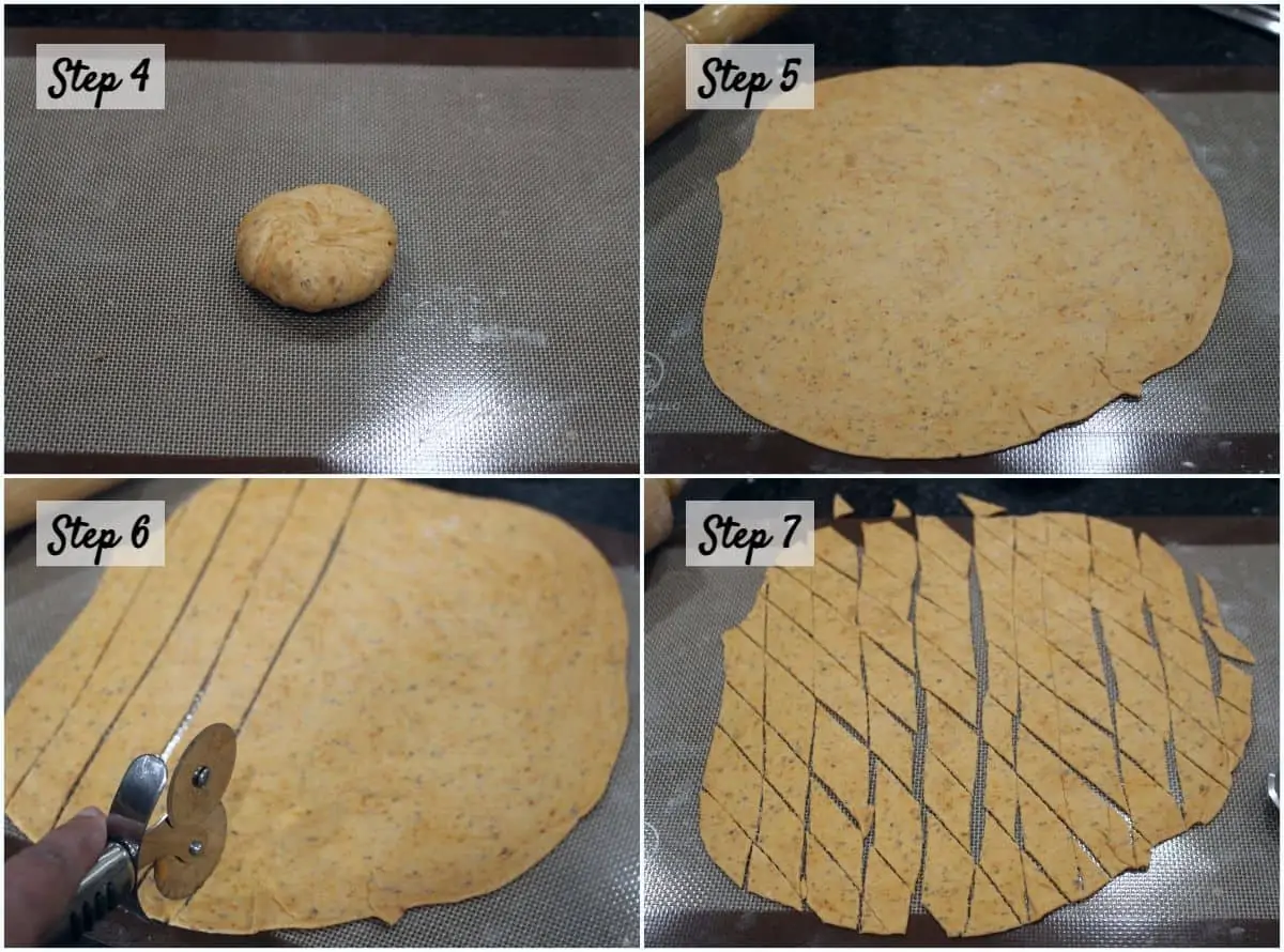 Process shot to roll the dough and cut it into diamond shape using pizza roller