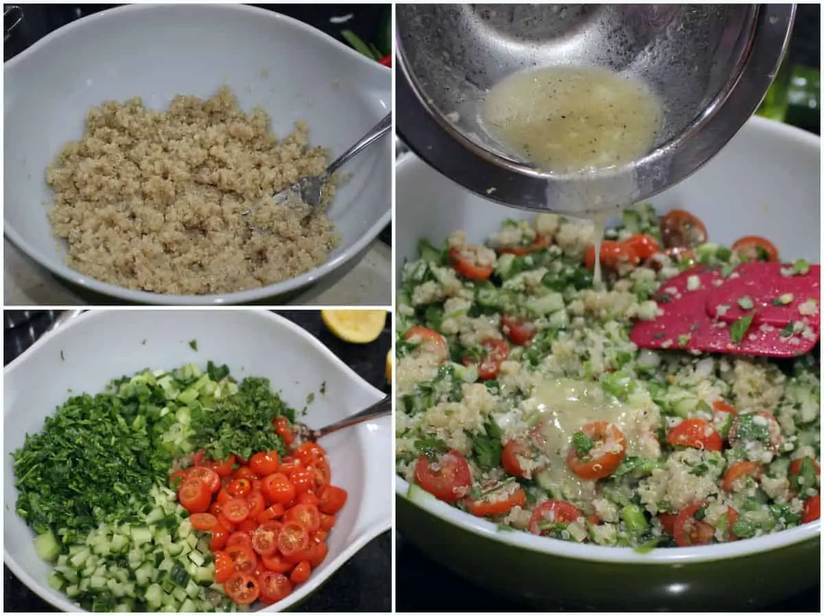 assembling the quinoa tabbouleh salad with vegetables and dressing