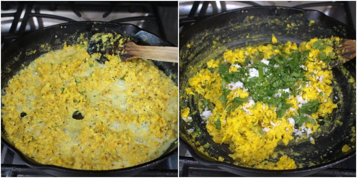 cooking corn in milk and garnishing with coconut and cilantro