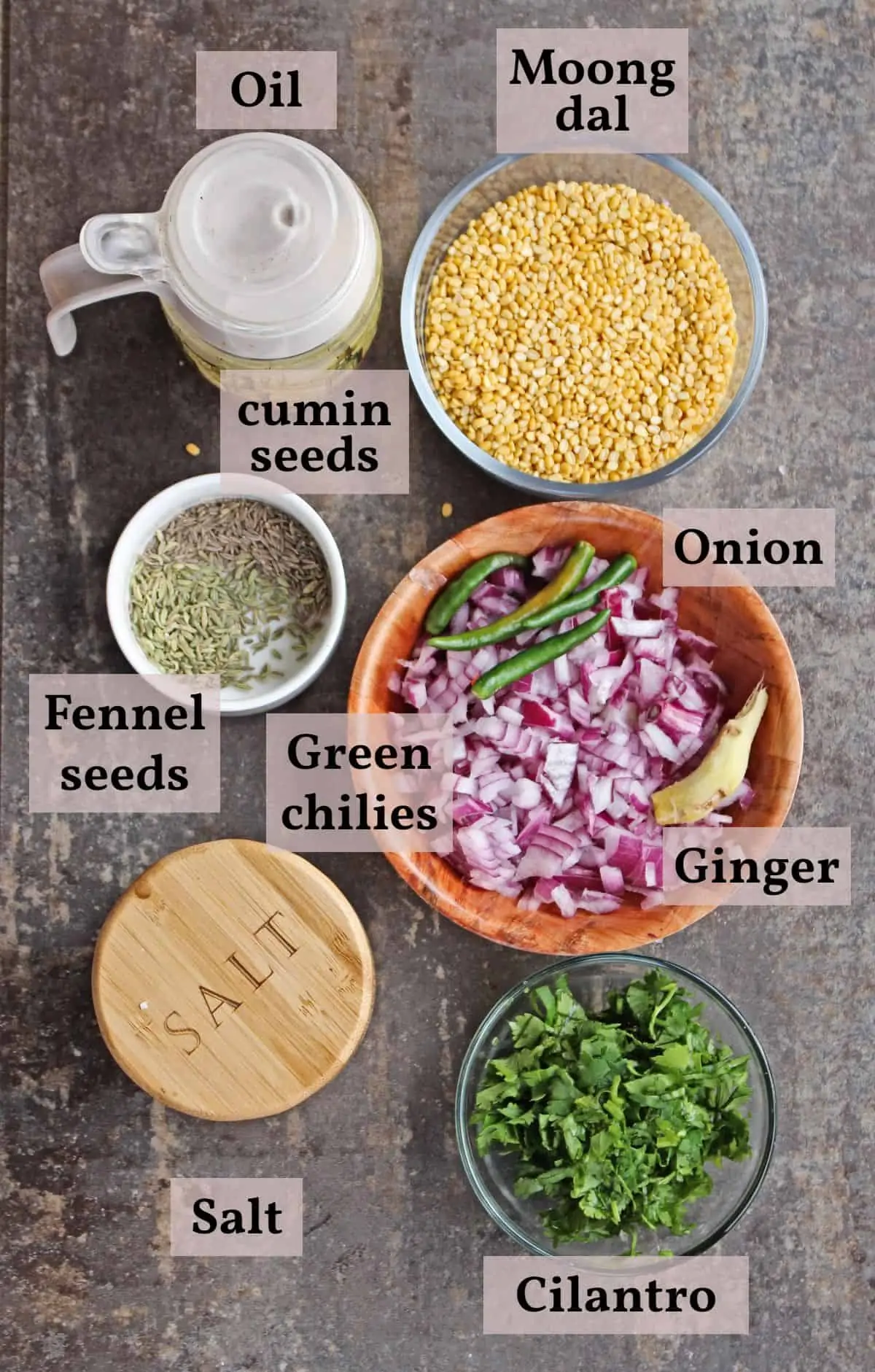 ingredients labeled and laid out to make moong dal vada
