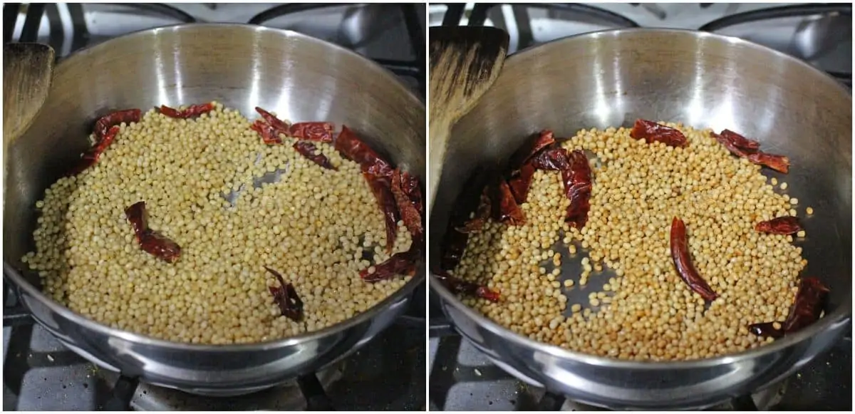 roasting the urad dal with red chilies