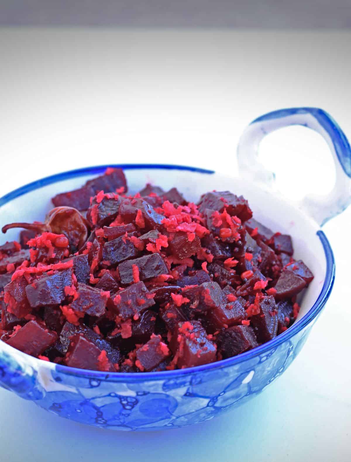 Beetroot curry with coconut in a bowl