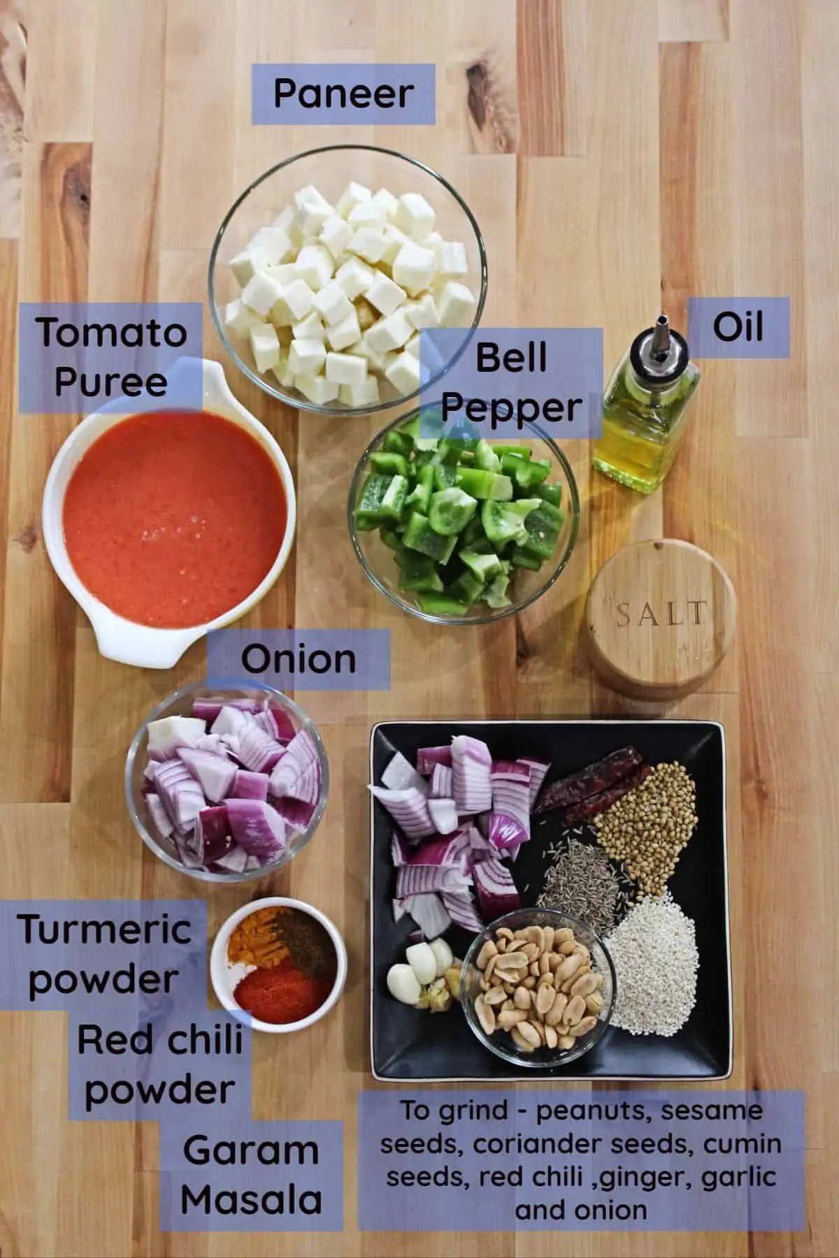 Ingredients labeled and laid out to make Hyderabadi Paneer Subzi