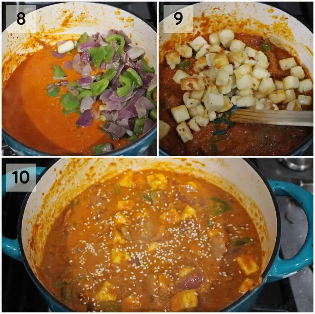 adding onion, bell pepper and paneer pieces in subzi