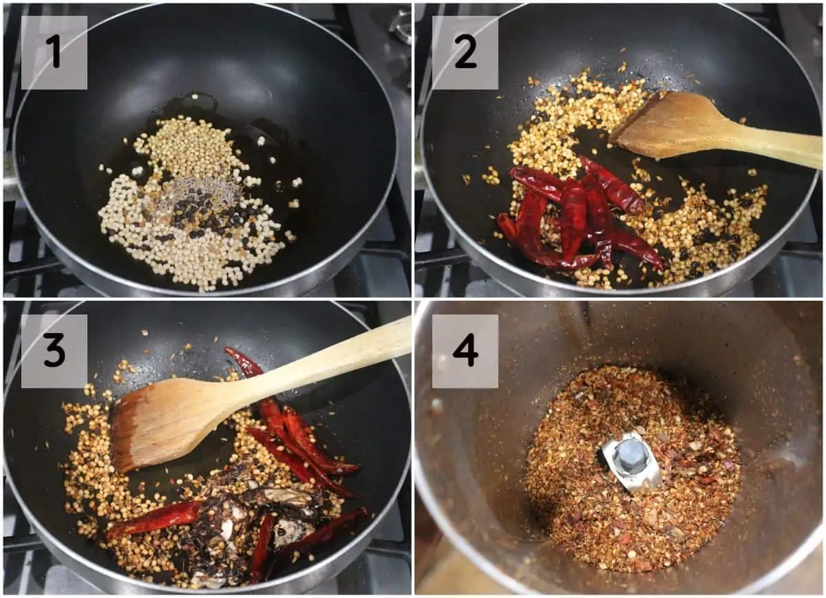 frying the spices in oil and then grinding it into a coarse powder