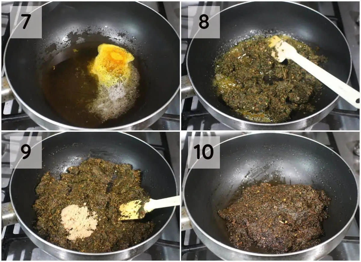 step by step process shot to cook the pudina thokku