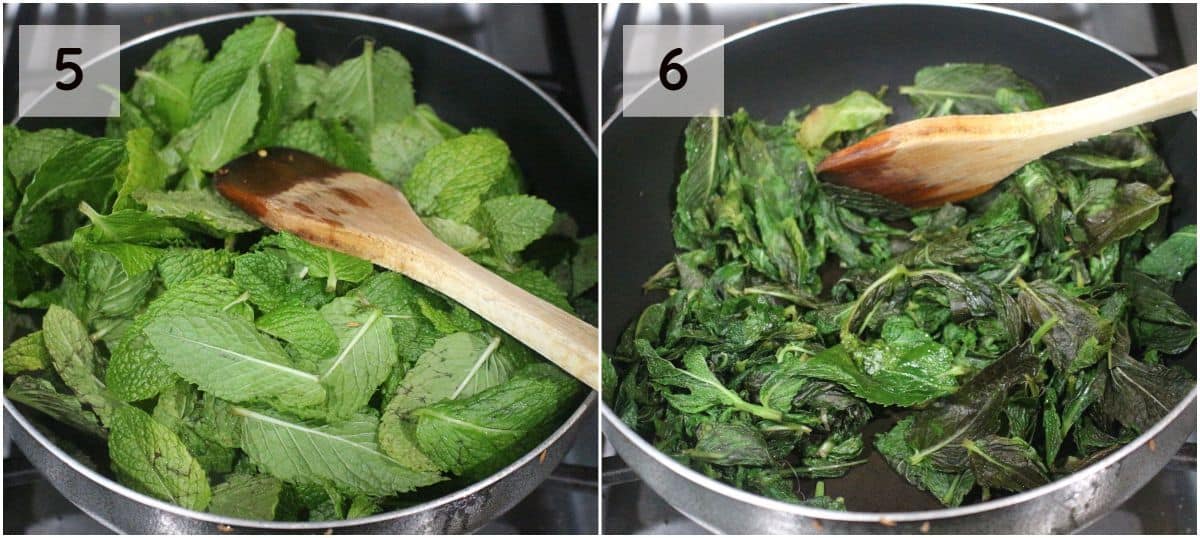 adding mint leaves to pan and cooking it till they wilt