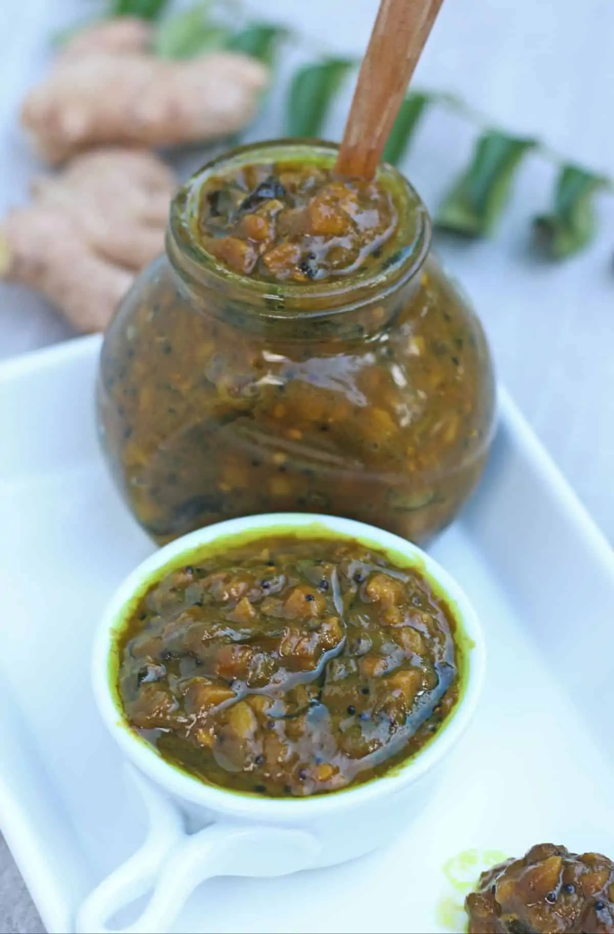 inji puli pickle in a jar and bowl
