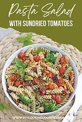 Colorful pasta salad in a white bowl with overlaying text