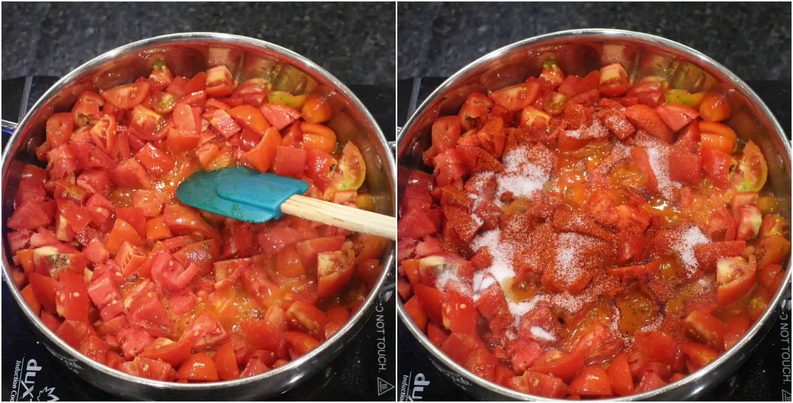 cooking tomatoes with spices in a steel pan