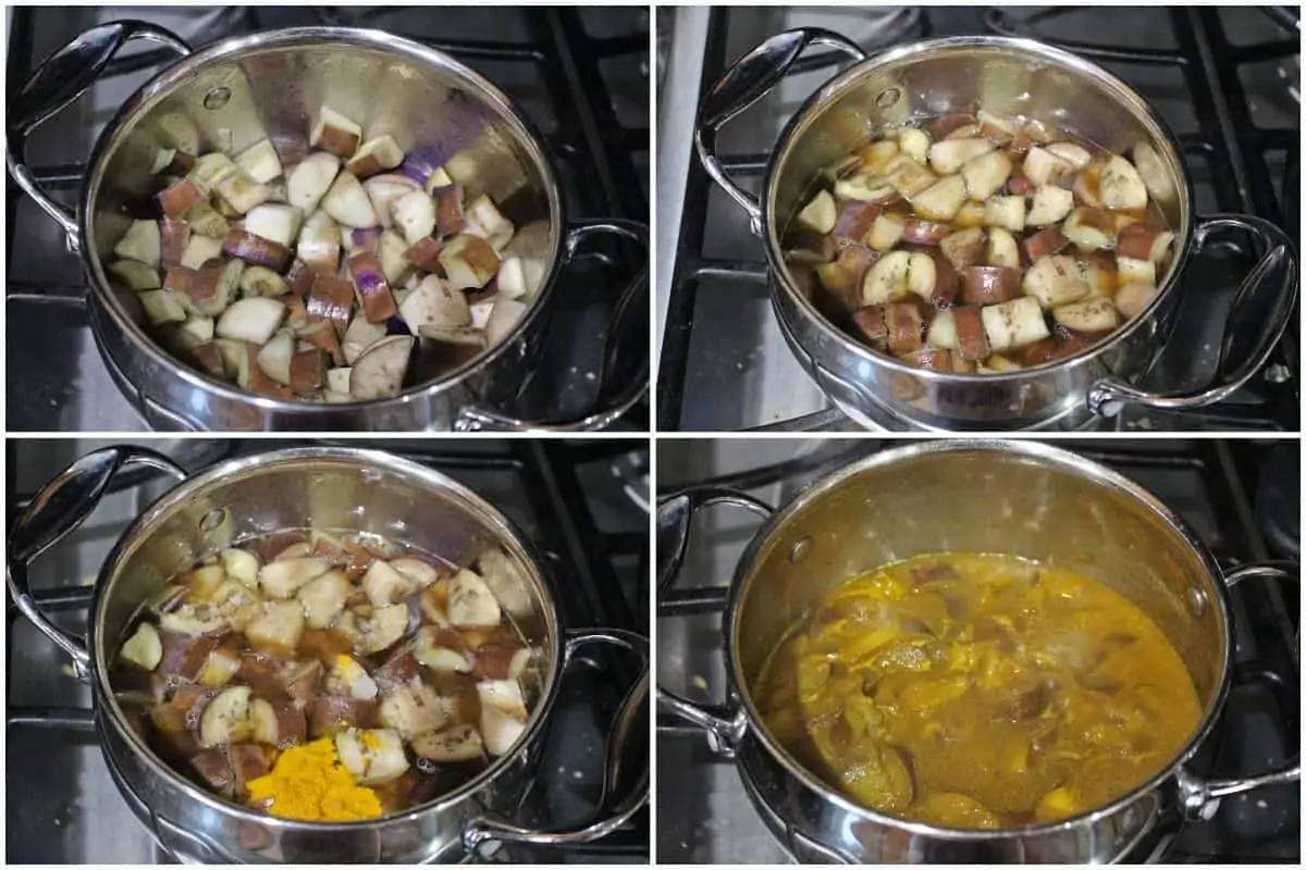 Process shot to make eggplant stew.