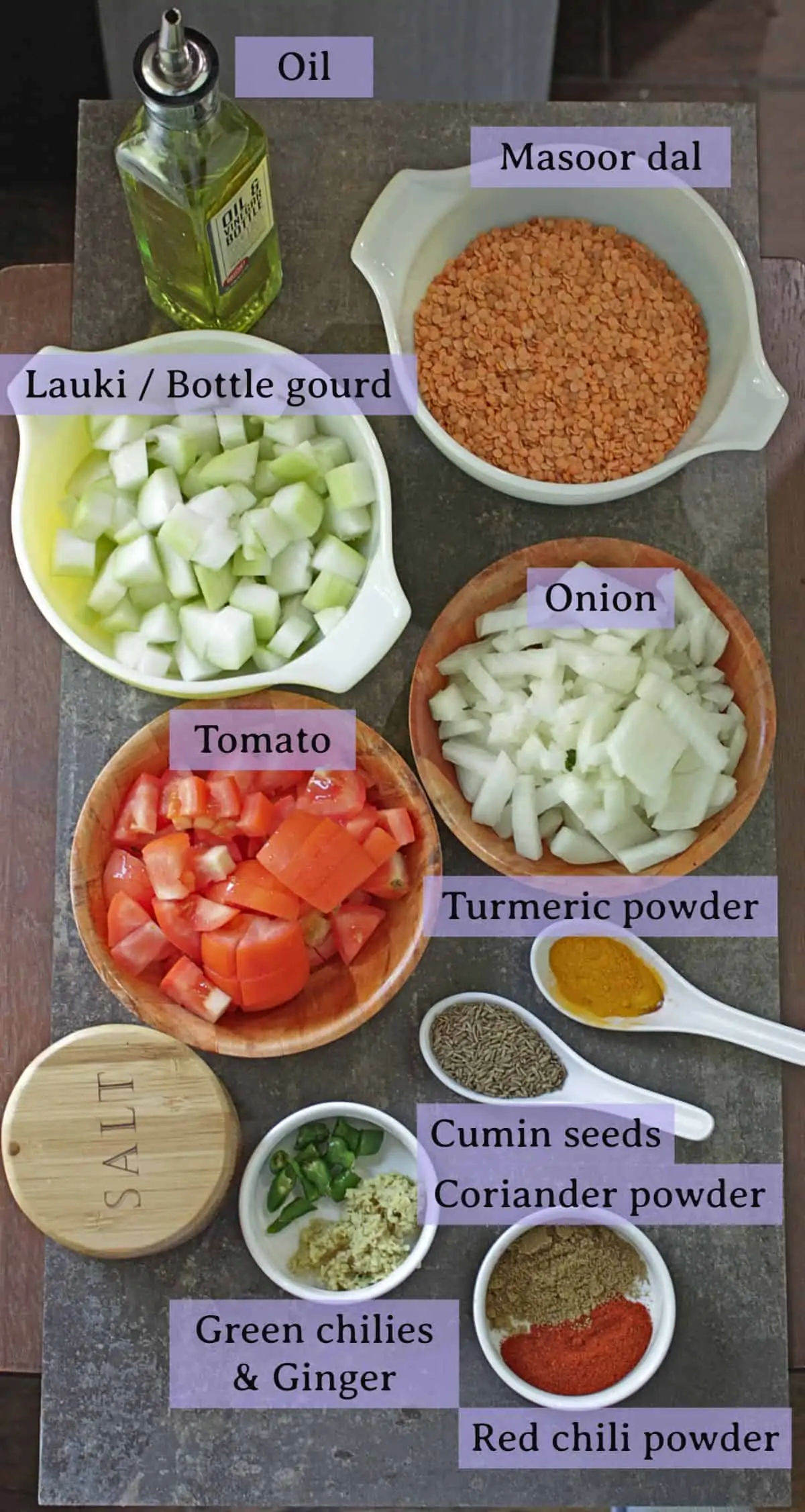 Ingredients needed to make lauki masoor dal