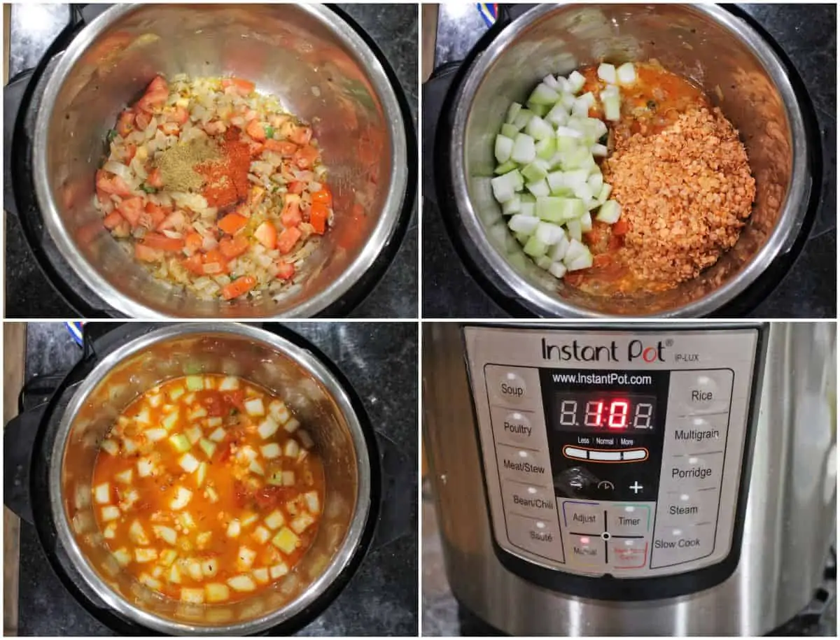 process shot to make lauki masoor dal in instant pot