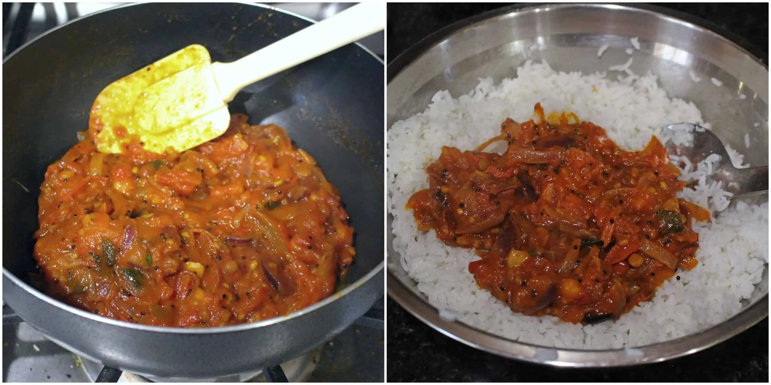 adding thakkali sadam paste to rice and mixing