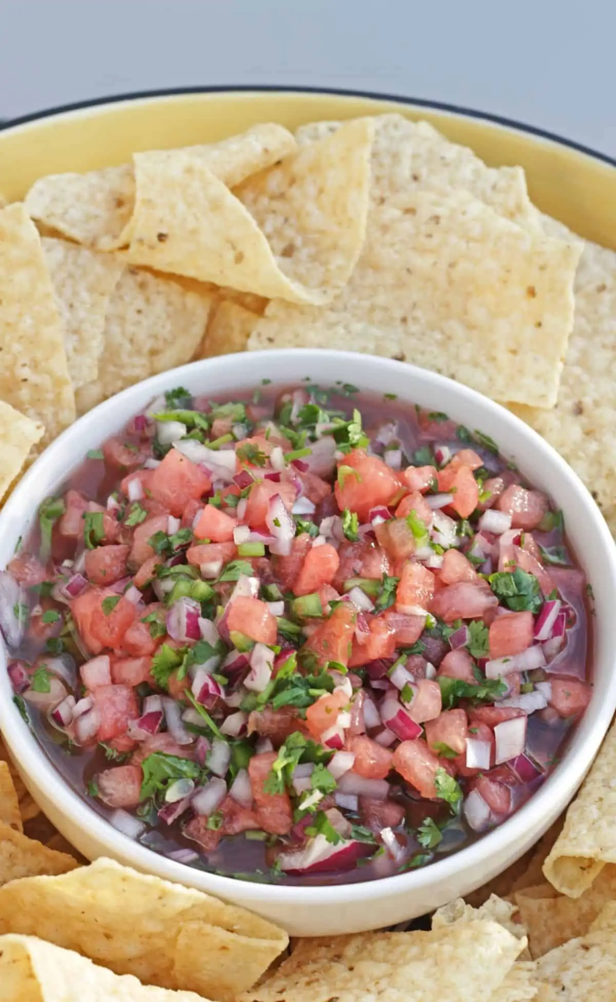 watermelon salsa in a bowl with chips around