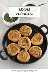 Samosa pinwheels in a black plate with text overlay