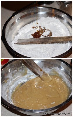 Mixing syrup in rice flour and making dough.