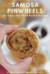 Samosa pinwheels snack held in hand with text