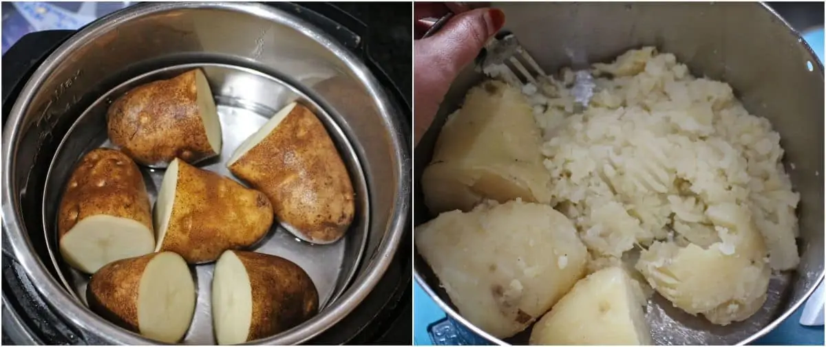 cooking potatoes and peeling and mashing them