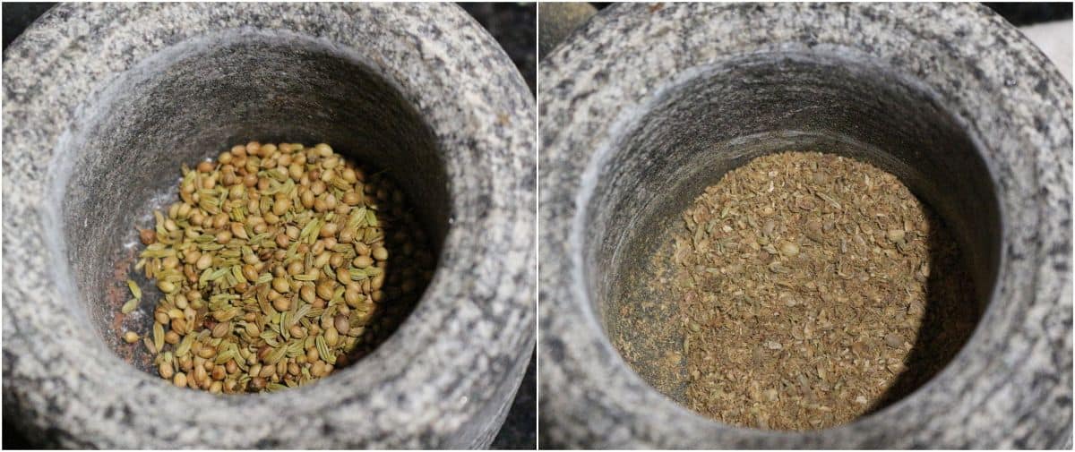 grinding coriander seeds and fennel seeds in mortar and pestle