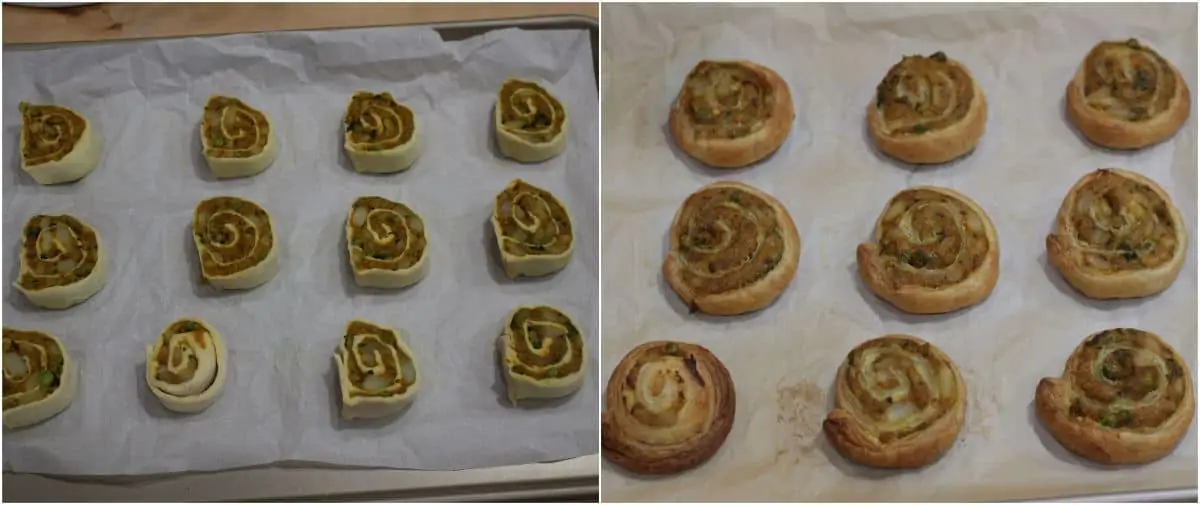 baking samosa pinwheels to golden brown