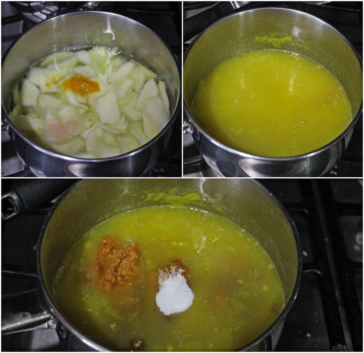 cooking the raw mango in water with turmeric powder and jaggery