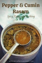 Rasam in a ladle with text